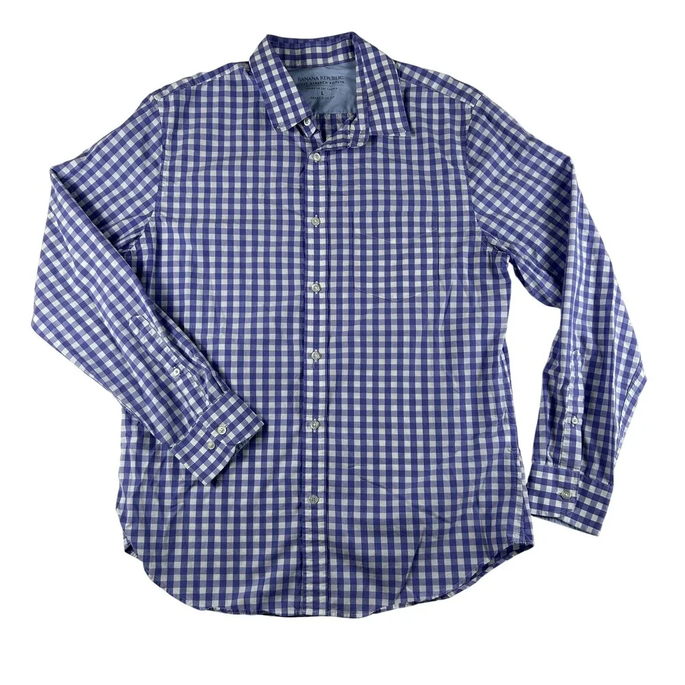 Banana Republic Shirt Mens Large Blue Check Long Sleeve Stretch Button Up Slim